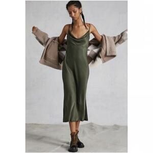 By Anthropologie Olive Green Sleeveless Midi Dress Side Slit Size Small NWT